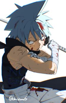 Rule 34 | 1boy, black shirt, black star, blood, blood on clothes, blood on face, blue eyes, blue hair, holding, holding sword, holding weapon, katana, looking to the side, male focus, mekkichi, pants, parted lips, shirt, shoulder tattoo, sideways glance, simple background, sleeveless, sleeveless shirt, solo, soul eater, star (symbol), sword, tattoo, twitter username, watermark, weapon, white background, white pants