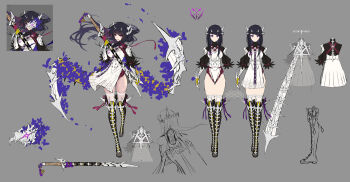 1girl black_hair blue_flower bone bone_hair_ornament boots breasts reference_sheet commentary_request dress fingerless_gloves flower full_body gloves grey_background hair_ornament hand_fan integral_killer_(phantom_of_the_kill) katana knee_boots large_breasts masamune_(phantom_of_the_kill) official_alternate_costume official_art petals phantom_of_the_kill puffy_short_sleeves puffy_sleeves red_eyes rinzo second-party_source sheath sheathed short_sleeves simple_background skeletal_wings star_ornament sword tachi-e thighhighs weapon white_dress wings