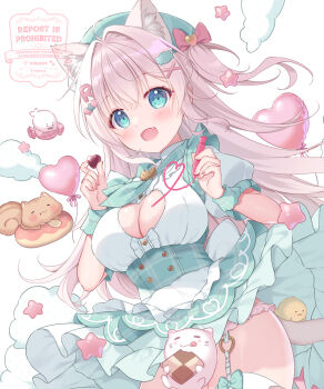 Rule 34 | 1girl, animal ear fluff, animal ears, balloon, blue eyes, blue neckerchief, blush, bow, breasts, cat ears, cat tail, cleavage, cleavage cutout, clothing cutout, commentary request, donut, dress, fang, food, garter straps, grey hair, hair ornament, hat, heart balloon, highres, holding, holding letter, holding marker, large breasts, letter, long hair, looking at viewer, marker, mikeou, neckerchief, open mouth, original, panties, pink bow, pink panties, puffy sleeves, short sleeves, smile, solo, squirrel, star (symbol), star hair ornament, tail, thighhighs, underwear, white dress, white thighhighs, x hair ornament