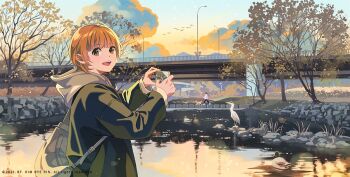 1girl backpack bag bf._(sogogiching) bird black_hair black_pants blonde_hair blunt_bangs bridge camera cellphone coat commentary_request day dog green_coat green_jacket holding holding_camera holding_phone hood hoodie jacket long_sleeves looking_at_viewer medium_hair open_mouth original outdoors pants phone railing reflection shoes short_hair sneakers solo sunlight sunset swan teeth tongue tree upper_body walking water white_bag white_jacket white_shoes winter winter_clothes winter_coat yellow_eyes