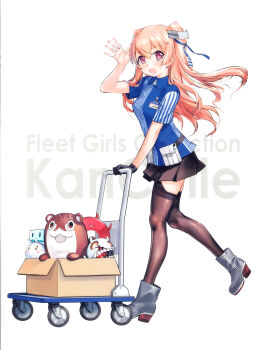 1girl absurdres artist_self-insert black_gloves bokukawauso borrowed_character box breasts brown_eyes cart employee_uniform enemy_aircraft_(kancolle) enemy_lifebuoy_(kancolle) full_body gloves highres janitorial_cart jiji_(aardvark) johnston_(kancolle) johnston_(lawson)_(kancolle) kantai_collection lawson light_brown_hair long_hair medium_breasts name_tag official_art scan scan_artifacts shirt single_glove store_clerk striped_clothes striped_shirt thighhighs third-party_source two_side_up vertical-striped_clothes vertical-striped_shirt white_background zeco