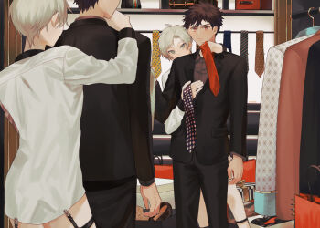 Rule 34 | 2boys, arm at side, arm up, bag, black hair, black pants, black suit, blue eyes, box, clothes hanger, collared shirt, formal clothes, garter belt, gift, gift box, gucci, inuzumi shibahiko (megechan), jacket, kowata shunki (megechan), long sleeves, mege (megechan), mirror, multiple boys, necktie, original, pants, red eyes, red necktie, red suit, shirt, shoe box, shoes, short hair, suit, suit jacket, white hair, white shirt, white suit