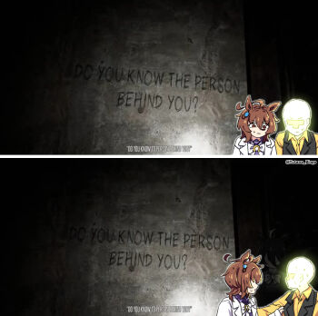 1boy 2girls :| agnes_tachyon_(umamusume) animal_ears artist_name black_vest bow bowtie brown_eyes closed_mouth coat commentary derivative_work do_you_know_the_person_behind_you?_(meme) english_text haihara_yuuya hair_between_eyes highres horse_ears horse_girl lab_coat lapels livestream long_sleeves looking_back manhattan_cafe_(umamusume) meme multiple_girls notched_lapels photo-referenced screenshot_background screenshot_redraw shirt short_hair trainer_(umamusume) twitter_username umamusume upper_body v-shaped_eyebrows vest white_coat yellow_shirt