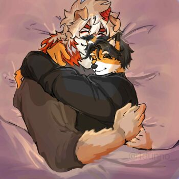 2boys animal_ears arknights black_sweater brown_shirt ciellartss closed_eyes closed_mouth colored_tips commentary commissioner_insert english_commentary fang fang_out fox_boy fox_ears furry furry_male highres horns hug hung_(arknights) komainu_boy komainu_ears long_sleeves male_focus multicolored_hair multiple_boys original second-party_source shirt single_horn smile sweater yaoi