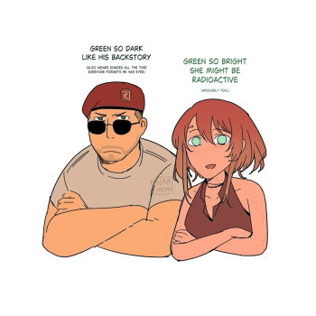 1boy 1girl :d beret brown_hair brown_shoes buzz_cut closed_mouth collarbone collared_shirt courier_(fallout:_new_vegas) craig_boone cropped_torso crossed_arms english_text fallout fallout:_new_vegas freckles green_eyes grey_eyes grey_shirt hair_between_eyes hat looking_over_eyewear milramemo noelle_rutherford open_mouth red_hat shirt shoes short_hair short_sleeves signature simple_background sleeveless sleeveless_shirt smile sunglasses thick_eyebrows upper_body v-shaped_eyebrows very_short_hair white_background