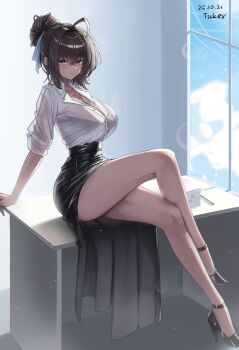 1girl absurdres artist_name black_hair blue_archive breasts cleavage closed_mouth crossed_legs dark-skinned_female dark_skin dated desk hair_bun hair_ribbon high_heels highres jewelry karin_(blue_archive) large_breasts light_particles necklace no_halo office_lady on_desk pencil_skirt ribbon shirt sitting skirt solo thighs ticker_(kks2ksy) white_shirt window yellow_eyes