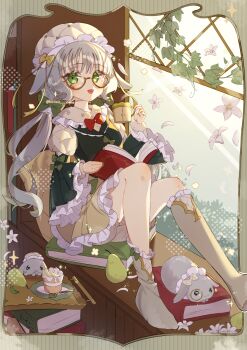 1girl :d animal animal_ears blush book bow bowtie commentary cup floppy_ears food frilled_skirt frilled_socks frills fruit full_body glasses green_bow green_eyes green_shirt grey_hair grey_socks hair_bow hat highres holding holding_book holding_cup kneehighs long_hair long_sleeves looking_at_viewer low_twintails mob_cap open_book open_mouth original pear pleated_skirt rabbit rabbit_ears rabbit_girl red_bow red_bowtie shirt sitting skirt smile socks solo symbol-only_commentary tsukumi_bis twintails white_hat wide_sleeves yellow_bow yellow_skirt