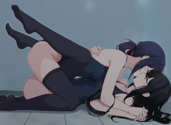 2girls absurdres bare_shoulders black_hair black_thighhighs blue_one-piece_swimsuit breasts closed_eyes commentary_request highres idashige_(walkietalkie) kiss long_hair medium_breasts multiple_girls one-piece_swimsuit original ponytail skindentation swimsuit thighhighs underwater very_long_hair yuri