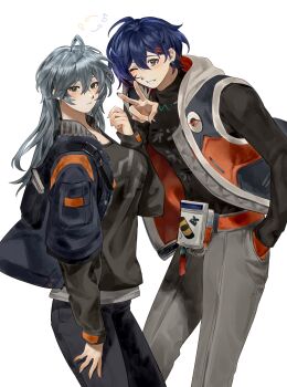 1boy 1girl absurdres ahoge arrow_(symbol) belle_(zenless_zone_zero) black_pants black_shirt black_sweater blue_hair blue_jacket brother_and_sister closed_mouth clothes_writing cowboy_shot earrings fingernails from_side genderswap genderswap_(ftm) genderswap_(mtf) green_eyes grey_hair grey_pants grey_vest hair_between_eyes hair_ornament hand_in_pocket hand_up highres jacket jewelry layered_sleeves letter_hair_ornament long_hair long_sleeves looking_at_viewer one_eye_closed open_clothes open_jacket open_vest pants puffy_long_sleeves puffy_sleeves shirt short_hair short_over_long_sleeves short_sleeves siblings simple_background smile standing sweatdrop sweater taro7_omaeee teeth turtleneck turtleneck_sweater v vest white_background wise_(zenless_zone_zero) zenless_zone_zero zipper