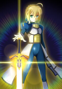 Rule 34 | 1girl, ahoge, aiueo8371, armor, armored bodysuit, artoria pendragon (fate), black background, blonde hair, blue bodysuit, bodysuit, boots, braid, braided bun, bun with braided base, commentary, crossover, dragon ball, dragonball z, excalibur (fate/stay night), fate/stay night, fate (series), faulds, feet out of frame, flat chest, gloves, glowing, glowing sword, glowing weapon, gorget, green eyes, hair between eyes, hair bun, juliet sleeves, lens flare, long sleeves, puffy sleeves, rainbow, reaching, saber (fate), saiyan armor, sidelocks, skin tight, solo, sword, weapon, white armor, white boots, white gloves, yellow light