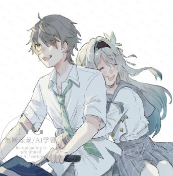 Rule 34 | 1boy, 1girl, bicycle, blush, bow, bowtie, brown hairband, buttons, caelus (honkai: star rail), collared shirt, commentary request, diagonal-striped clothes, diagonal-striped necktie, double-breasted, firefly (honkai: star rail), firefly (spring missive) (honkai: star rail), gradient hair, green bow, green bowtie, green necktie, grey hair, grey sailor collar, grey skirt, hair between eyes, hair intakes, hair ornament, hairband, honkai: star rail, honkai (series), hug, hug from behind, long hair, multicolored hair, necktie, open mouth, pleated skirt, riding, riding bicycle, sailor collar, shirt, short hair, skirt, smile, striped clothes, tai3 31, teeth, trailblazer (honkai: star rail), upper teeth only, white shirt, yellow eyes