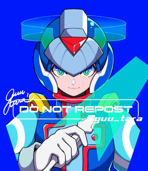 1boy blue_background blue_eyes blue_helmet blue_robe blue_theme cyber_elf_x_(mega_man) energy_sword forehead_jewel guutara helmet holding holding_sword holding_weapon mega_man_(series) mega_man_zero_(series) robe signature simple_background solo sword watermark weapon x_(mega_man) z_saber