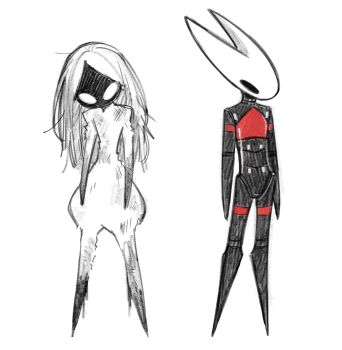 2girls android ange_(angeban93) ariane_yeong cosplay cyberpunk elster_(signalis) highres hollow_knight hollow_knight:_silksong hornet_(hollow_knight) joints lace_(hollow_knight) long_hair metal_skin multiple_girls robot_girl robot_joints science_fiction signalis white_hair