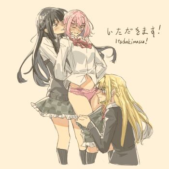 3girls amaori_renako anjuro_zeeku arms_behind_back ashigaya_high_school_uniform biting biting_ear black_hair black_jacket black_socks blonde_hair blue_eyes bow bowtie braid closed_mouth commentary grey_skirt half_up_braid highres jacket kneehighs koto_satsuki long_hair long_sleeves medium_hair multiple_girls one_eye_closed open_mouth ouzuka_mai panties pink_hair pink_panties red_bow red_bowtie school_uniform shirt simple_background skirt smile socks underwear undressing_another watashi_ga_koibito_ni_nareru_wake_naijan_murimuri! white_shirt yellow_background yuri