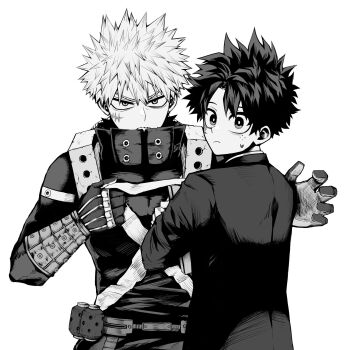 2boys bakugou_katsuki belt boku_no_hero_academia closed_mouth commentary_request crossed_arms explosive facial_scar freckles frown gloves grenade greyscale highres jacket long_sleeves looking_at_viewer male_focus midoriya_izuku monochrome multiple_boys parted_hair scar scar_on_cheek scar_on_face short_hair simple_background spiked_hair standing suit_jacket superhero_costume use_zeinuki white_background