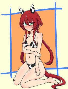 1girl absurdres alternate_costume animal_ears animal_print bikini blush breasts collarbone commentary_request cow_print cow_print_bikini flat_chest full_body green_eyes hair_between_eyes hair_ornament highres horse_ears horse_girl kimukaya_last long_hair looking_at_viewer low_twintails navel open_mouth print_bikini swimsuit twintails umamusume win_variation_(umamusume)