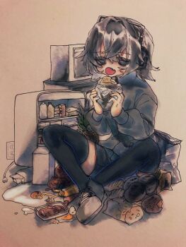 1girl black_hair black_shorts black_thighhighs commentary_request eating fang food fruit full_body grey_sweater headphones highres mandarin_orange mustard open_mouth original potato refrigerator shinjitsu_no_kuchi short_hair shorts sitting skin_fang solo sweater sweet_potato thighhighs