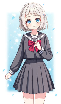 1girl :o absurdres black_serafuku blue_eyes blue_ribbon blush bow bowtie braid collarbone commentary gakuen_idolmaster grey_hair hair_ribbon half_up_braid highres idolmaster katsuragi_lilja long_sleeves looking_at_viewer pleated_skirt red_bow red_bowtie ribbon ribbon_braid school_uniform serafuku short_hair skirt solo sukima_asairo