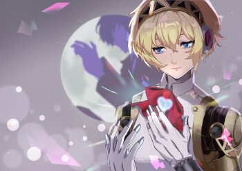1boy 1girl aigis_(persona) akatani_(user_hanv4788) android blonde_hair blue_eyes blurry blurry_background bow closed_mouth commentary_request full_moon gold_hairband hair_between_eyes hairband hands_up heart highres joints light_particles moon persona persona_3 portrait red_bow robot_ears robot_joints short_hair silhouette smile solo_focus yuuki_makoto_(persona_3)