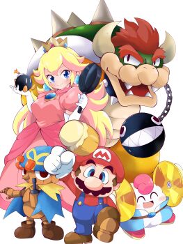 1girl 4boys absurdres blonde_hair blue_cape blue_eyes blue_headwear bob-omb bowser brooch brown_hair cape chain_chomp collar crown cymbals dress earrings elbow_gloves facial_hair fangs frying_pan geno_(mario) gloves hat highres holding holding_mallet horns instrument jewelry looking_at_viewer mallet mallow_(mario) mario mario_(series) multiple_boys mustache nintendo overalls pink_dress princess_peach puffy_short_sleeves puffy_sleeves red_headwear shinsou_komachi short_sleeves simple_background smile spiked_collar spikes super_mario_rpg white_background white_gloves