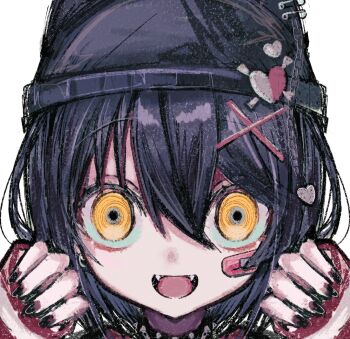 Rule 34 | 1boy, alternate costume, bandaid, bandaid on cheek, bandaid on face, beanie, black hair, black nails, commentary, fangs, hair between eyes, hands up, hat, highres, l3memc358, long sleeves, looking at viewer, mashiro meme, nijisanji, open mouth, pierced hat, port, safety pin, shirt, short hair, simple background, sleeves past wrists, smile, solo, striped clothes, striped shirt, symbol-only commentary, virtual youtuber, white background, yellow eyes