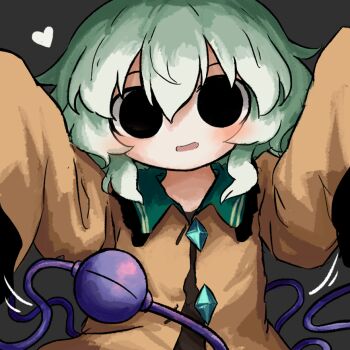 Rule 34 | 1girl, black eyes, buttons, collared shirt, commentary request, contrast collar, diamond button, empty eyes, eyeball, frilled sailor collar, frills, green hair, grey background, heripantomorrow, komeiji koishi, long sleeves, looking at another, looking at viewer, missing headwear, open mouth, sailor collar, shirt, simple background, sleeves past fingers, sleeves past wrists, smile, solo, third eye, touhou, yellow shirt