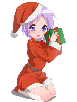 1girl :d belt bow bowtie box christmas commentary dress english_commentary full_body fur-trimmed_dress fur_trim gift gift_box gsa082rnw hands_up hat highres hiiragi_tsukasa holding holding_gift kneehighs knees long_sleeves looking_at_viewer lucky_star open_mouth purple_eyes purple_hair red_bow red_dress santa_costume santa_dress santa_hat seiza short_hair short_shorts shorts simple_background sitting smile socks solo white_background white_socks