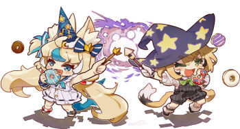 2girls ;d animal_ear_fluff animal_ears black_shoes blonde_hair blue_bow blue_eyes blue_hair blue_sailor_collar bow cat_ears chibi collared_shirt commentary crescent donut dooby dress eating fins fish_tail food frilled_sailor_collar frills fur-trimmed_headwear fur_trim green_eyes hair_bow hat highres holding holding_food holding_wand indie_virtual_youtuber itsuki_tasuku long_hair low_twintails multicolored_hair multiple_girls one_eye_closed open_mouth overall_shorts overalls party_hat print_hat puffy_short_sleeves puffy_sleeves purple_hat sailor_collar sailor_dress sameko_saba shadow shirt shoes short_sleeves smile socks standing star_(symbol) star_print streaked_hair striped_bow symbol-only_commentary tail twintails very_long_hair virtual_youtuber wand white_background white_dress white_shirt white_socks witch_hat