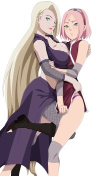 2girls annoyed artist_request asymmetrical_docking blonde_hair blue_eyes blush boots breast_press breasts cleavage clothes_lift earrings facial_mark female_focus fishnet_gloves fishnet_thighhighs fishnets flat_chest forehead_mark forehead_protector bad_tag gloves green_eyes haruno_sakura height_difference highres hug imminent_penetration jewelry konohagakure_symbol large_breasts leg_up lipstick long_hair long_skirt looking_at_viewer makeup multiple_girls naruto:_the_last naruto_(series) open-toe_boots panties panty_peek pink_hair pink_lips shirt_lift short_hair simple_background skirt small_breasts smile take_your_pick thighhighs toes underwear very_long_hair white_background yamanaka_ino yuri