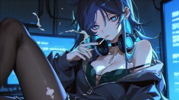 1girl black_camisole black_choker black_nails black_pantyhose blue_eyes blue_hair blue_hoodie breasts camisole choker cigar cleavage commission ear_piercing earrings hair_between_eyes haku_yuan headphones headphones_around_neck highres hood hoodie indie_virtual_youtuber jewelry large_breasts long_hair monitor multiple_monitors necklace osore_luciel pantyhose parted_bangs partially_unzipped piercing pink_lips reclining screen_light second-party_source single_off_shoulder smoking solo strap_slip stud_earrings torn_clothes torn_pantyhose virtual_youtuber