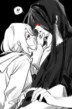 Rule 34 | !, !!, 1boy, 1girl, absurdres, adashino adami, bbabbamis2, black background, blood, blood on face, cheek squash, commentary request, hetero, highres, homicipher, hood, hood up, japanese clothes, kimono, korean commentary, long hair, looking at another, mr. crawling, raincoat, red eyes, ringed eyes, short hair, simple background, sitting, sitting on lap, sitting on person, spot color, very long hair