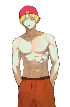 Rule 34 | 1boy, abs, absurdres, backwards hat, baseball cap, blonde hair, collarbone, commentary request, drawstring, hands in pockets, hat, highres, k senior1114, korean commentary, lollipop in mouth, looking to the side, male focus, male underwear, male underwear peek, navel, no nipples, pants, red hat, red pants, sakamoto days, shin (sakamoto days), short hair, simple background, solo, toned, toned male, topless male, underwear, white background
