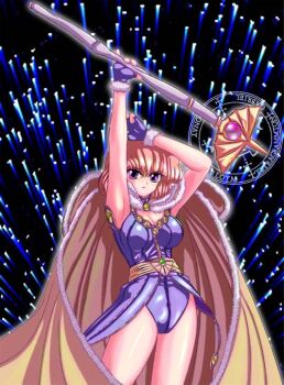 1girl 2000s_(style) armpits arms_up black_background blonde_hair breasts brown_cape brown_sash cape closed_mouth commentary_request cowboy_shot dress expressionless fingerless_gloves fur-trimmed_cape fur-trimmed_gloves fur_trim ginsei_(mugenmamiya) gloves holding holding_staff large_breasts looking_at_viewer magic_circle purple_dress purple_eyes purple_gloves ragnarok_online short_dress short_hair short_sleeves solo staff wizard_(ragnarok_online)