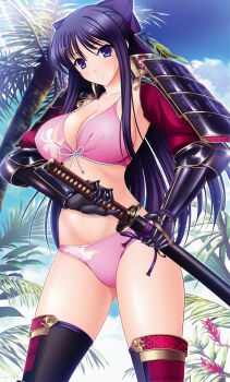 10s 1girl absurdres armor bikini bikini_armor black_thighhighs blue_eyes blue_hair bow breasts cleavage floral_print front-tie_bikini_top front-tie_top gauntlets hair_bow highres japanese_armor katana komori_kei large_breasts long_hair looking_at_viewer palm_tree pink_bikini ryuuzouji_akane shiny_skin shoulder_armor sidelocks sode swimsuit sword thighhighs tree walkure_romanze weapon