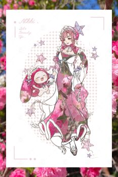 1girl ^_^ above-cleavage_cutout alternate_costume animal baobao_gu_zhence_yuan bow bowtie brown_eyes cat character_name chinese_commentary cloak closed_eyes clothed_animal clothing_cutout collarbone colorful_clouds commentary_request dress english_text eyelashes flower frilled_hairband frilled_sleeves frilled_wrist_cuffs frills full_body gloves hair_bun hairband hat hat_bow highres hood hood_up hooded_cloak infinity_nikki jewelry lolita_hairband long_dress long_sleeves looking_ahead momo_(nikki) necklace nikki_(nikki) nikki_(series) pink_dress pink_flower pink_hair pink_hairband pink_shoes pleated_dress purple_bow purple_bowtie purple_wrist_cuffs see-through_clothes see-through_dress shoes short_hair_with_long_locks sidelocks single_hair_bun socks star_(symbol) star_necklace starfall_radiance_(infinity_nikki) turtleneck turtleneck_dress updo wavy_hair whimstar_(infinity_nikki) white_background white_cat white_gloves white_socks wide_sleeves wrist_cuffs x_navel