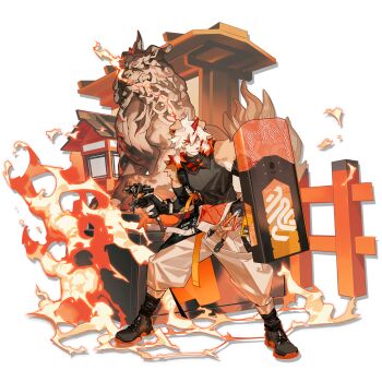 1boy animal_ears arknights bare_shoulders black_shirt brown_fur dog_boy dog_ears fire full_body furry furry_male highres holding holding_shield horns hung_(arknights) kuroblood looking_at_viewer male_focus medium_hair multicolored_hair muscular muscular_male official_art orange_eyes orange_hair pants pectorals shield shirt single_horn sleeveless sleeveless_shirt solo streaked_hair tail transparent_background two-tone_fur white_fur white_hair white_pants