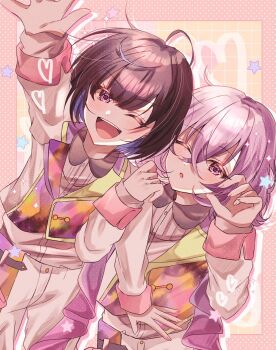 2boys :o ahoge alternate_costume androgynous blue_hair blush brown_hair ensemble_stars! hanamura_fuyume highres male_focus mo_iv multicolored_hair multicolored_vest multiple_boys one_eye_closed pants pink_background polka_dot polka_dot_background purple_eyes purple_hair sagiri_esu shirt short_hair smile star_(symbol) teeth vest white_pants white_shirt