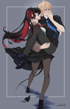1boy 1girl 1sabe1x arm_over_shoulder arm_up black_dress black_hair black_leggings black_shirt blonde_hair blue_eyes blue_necktie blush border breasts brown_sleeves carrying chase_(i'm_the_grim_reaper) collared_shirt covering_own_mouth demon_horns demon_tail double-parted_bangs dress full_body grin hair_between_eyes hair_flowing_over hand_on_another's_chest hand_on_another's_leg hand_on_another's_shoulder high_ponytail highres horns i'm_the_grim_reaper knees_up leggings multicolored_hair necktie official_alternate_costume outside_border pantyhose ponytail princess_carry red_eyes red_necktie red_streaks scarlet_(i'm_the_grim_reaper) shadow shirt smile streaked_hair tail walking white_border white_shirt