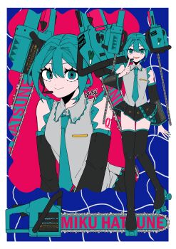 1girl :d absurdres aqua_eyes aqua_hair aqua_nails aqua_necktie arm_tattoo black_sleeves black_thighhighs chainsaw character_name closed_mouth commentary_request detached_sleeves eiku full_body grey_shirt hair_between_eyes hair_ornament hatsune_miku headphones headset highres long_hair looking_at_viewer miniskirt multiple_views necktie number_tattoo open_mouth pleated_skirt pointing pointing_up roller_skates shirt signature skates skirt sleeveless sleeveless_shirt smile spring_onion tattoo thighhighs twintails upper_body very_long_hair vocaloid zettai_ryouiki