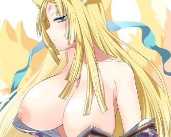 1girl animal_ears blonde_hair blue_eyes breasts female_focus fox_ears highres kitsune large_breasts long_hair looking_at_viewer looking_to_the_side nipples off_shoulder omachi rance_(series) sengoku_rance sicosour2 simple_background solo white_background