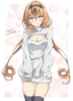 1girl alternate_costume artist_name black_thighhighs blonde_hair blue_eyes breasts cowboy_shot dated dress gakky grey_sweater hair_between_eyes hairband highres kantai_collection long_hair looking_at_another looking_at_viewer medium_breasts one-hour_drawing_challenge open-chest_sweater ribbed_sweater smile solo sweater sweater_dress thighhighs turtleneck turtleneck_sweater valiant_(kancolle) white_background