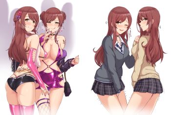 2girls :q absurdres ass bare_shoulders blush bodycon breasts brown_hair butt_crack choker collarbone commentary_request corruption earrings embarrassed grin highres idolmaster idolmaster_shiny_colors jewelry long_hair multiple_girls o-ring_dress open_mouth osaki_amana osaki_tenka school_uniform short_shorts shorts siblings sisters skirt smile tattoo textless_version tongue tongue_out twogie yellow_eyes