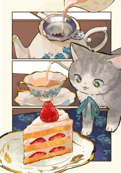 Rule 34 | animal, baby animal, cake, cake slice, cat, commentary request, cup, dessert, drink, food, fruit, grey cat, highres, kitten, no humans, oimo imoo, original, plate, pouring, saucer, strawberry, tea, teacup, teapot
