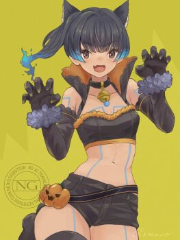 1girl animal_ears bell black_collar black_hair black_shorts black_sports_bra blue_hair body_markings breasts cat_ears cat_girl chest_jewel claw_pose collar colored_tips commentary_request cowboy_shot elbow_gloves fang fiery_hair gloves glowing_lines grey_eyes hands_up high_collar highres looking_at_viewer midriff multicolored_hair navel neck_bell open_mouth remaco sena_(xenoblade) short_shorts shorts signature skin_fang small_breasts solo sports_bra standing two-tone_hair watermark xenoblade_chronicles_(series) xenoblade_chronicles_3 yellow_background