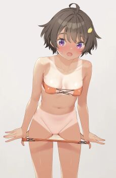 1girl ahoge armpit_crease bikini bikini_pull black_hair blush breasts clothes_pull covered_erect_nipples eyepatch_bikini food-themed_hair_ornament groin hair_ornament highres kani_biimu lemon_hair_ornament looking_at_viewer make_heroine_ga_oo_sugiru! navel open_mouth orange_bikini purple_eyes short_hair simple_background small_breasts solo swimsuit tan tanline webp-to-png_conversion yakishio_lemon