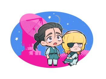Rule 34 | 2boys, badeni, black hair, blonde hair, blue tabard, blue vest, border, chi.: chikyuu no undou ni tsuite, chibi, chibi only, closed mouth, commentary request, eyepatch, grey eyes, hair bun, highres, male focus, medium hair, multiple boys, oczy, open mouth, pants, ponytail, robe, sakitsu, satellite dish, scar, scar on face, scar on mouth, scar on nose, shirt, tabard, thick eyebrows, tonsure, updo, vest, white border, white pants, white robe, white shirt