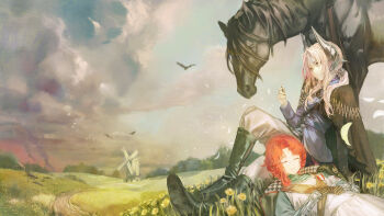 19ji 2girls absurdres ammunition arm_support armband badge black_boots black_cape black_horse black_jacket blue_jacket blue_shirt boots bullet cape closed_eyes cloud cloudy_sky coat coat_on_shoulders commentary_request dress flower full_body gauntlets green_coat grey_eyes grey_hair hair_ornament hands_on_own_stomach highres holding holding_bullet horse jacket knee_up long_hair looking_at_object low_ponytail lying marsha_(reverse:1999) military_uniform multiple_girls on_grass outdoors pants path ponytail red_hair reverse:1999 rifle_cartridge road rod_of_asclepius sentinel_(reverse:1999) shirt short_hair side_cape simple_bird sitting sky sleeping white_armband white_dress white_pants wide_shot windmill yellow_flower