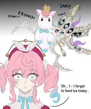 1girl aqua_bow aqua_bowtie aqua_eyes aqua_hair bow bowtie commentary dress drill_hair english_commentary english_text extra_eyes gradient_hair happysmilefriend hat highres honkai:_star_rail honkai_(series) hyacine_(honkai:_star_rail) little_ica_(honkai:_star_rail) medium_hair memosprite multicolored_hair multiple_tongues mutation open_mouth pink_hair red_hat sharp_teeth teeth twin_drills twintails two-tone_hair