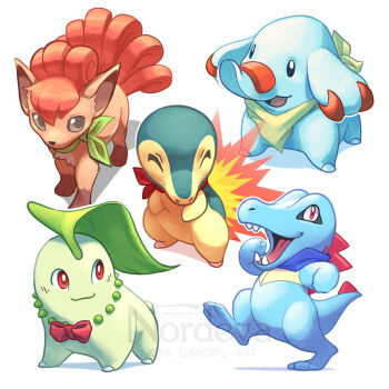 :d bow bowtie chikorita claws closed_mouth commentary creature cyndaquil english_commentary gen_1_pokemon gen_2_pokemon happy highres nintendo no_humans nordeva open_mouth phanpy pokemon pokemon_(creature) pokemon_mystery_dungeon simple_background smile standing starter_pokemon_trio totodile vulpix walking watermark white_background