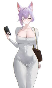 1girl absurdres alternate_breast_size_(larger) animal_ear_fluff animal_ears arm_at_side bag black_nails blue_eyes breasts brown_eyes cellphone center-flap_bangs cleavage collarbone commentary covered_navel curvy dongtan_dress double-parted_bangs dress earclip feet_out_of_frame floppy_ears fox_ears fox_girl gamble_0 grey_dress hair_bun hair_intakes hand_up heterochromia highres holding holding_phone huge_breasts jewelry looking_at_viewer mole mole_on_breast nail_polish necklace parted_lips phone purple_hair raised_eyebrows shoulder_bag shoulder_tattoo simple_background single_hair_bun smartphone solo standing stellive straight-on tattoo taut_clothes taut_dress tenko_shibuki virtual_youtuber white_background